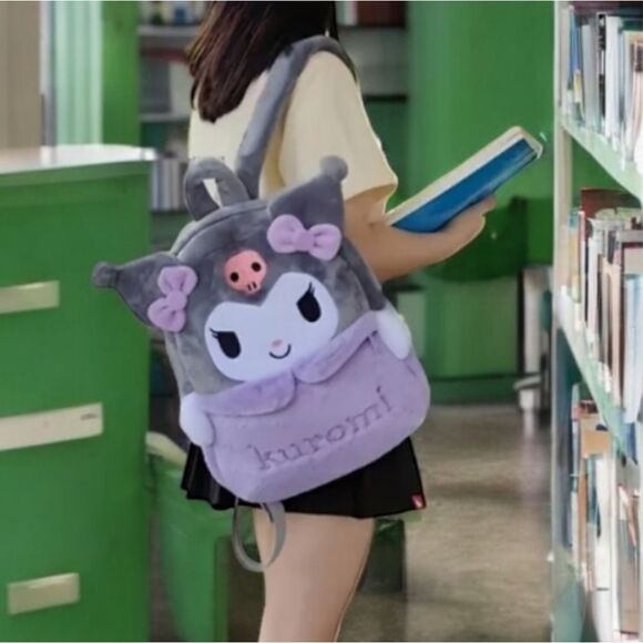 Hello Kitty Backpack Kuromi Embroidered Plush Furry Black 15" Book Bag Sanrio - Picture 3 of 4